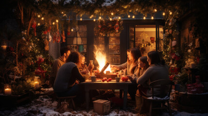 family spending time togethett with christmas tree and fireplace