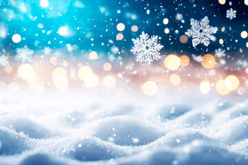 Winter blurred texture with snow and bokeh. Christmas background with color mixing sparkling gold confetti.