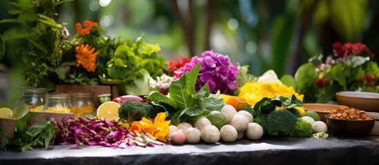 background of the garden colorful flowers bloomed as a table covered in leafy greens showcased the vibrant beauty of natures bounty and the health benefits of fresh food The white petals co - obrazy, fototapety, plakaty