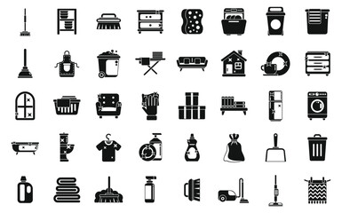 Tidy up icons set simple vector. Furniture room. Clean apartment dirty