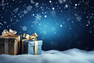 Pile of Christmas gift boxes in snow