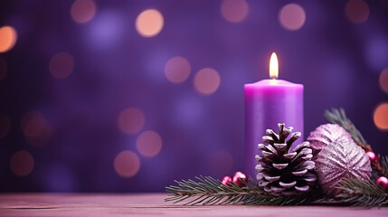 Obraz na płótnie Canvas Christmas - Banner Of 1 candle and xmas ornament, Pine-cones And green Spruce Branches minimal purple background and lights in the back, with empty copy space
