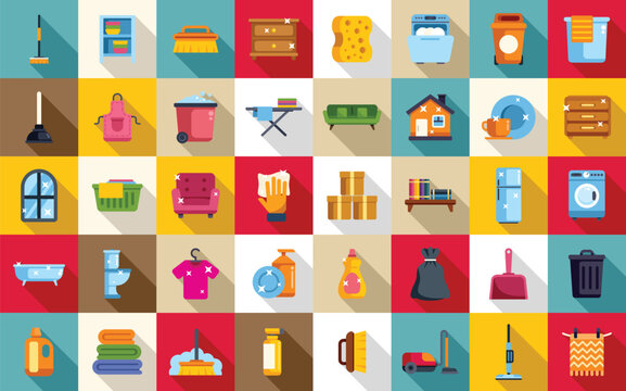 Tidy up icons set flat vector. Furniture room. Clean apartment dirty