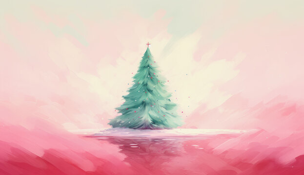illustration of a light green christmas tree on light pink background with copy space in painting style