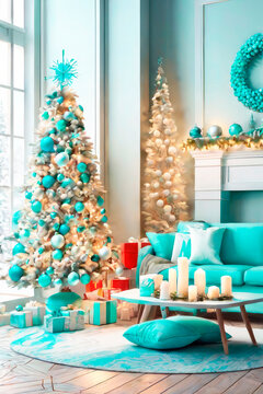 Christmas and New Year interior living room concept, home style with in light blue tones. © elena_hramowa