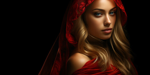 young blonde and gracefully woman with blue eyes wrapped in a red cloth