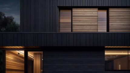 Modern House with Dark-Colored Wooden Exterior Illuminated by Vibrant Windows and Doors