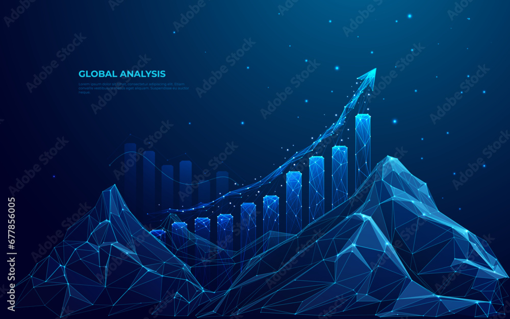 Leinwandbilder abstract digital mountain and growth graph chart on technology blue background. milestone and succes