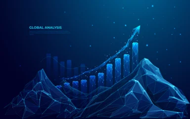 Fotobehang Abstract digital mountain and growth graph chart on technology blue background. Milestone and success business concept. Mountain range landscape and arrow up with histogram. Vector illustration. © AntonKhrupinArt