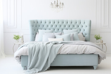 Upholstered bed in a luxurious bedroom in soft blue and gray tones