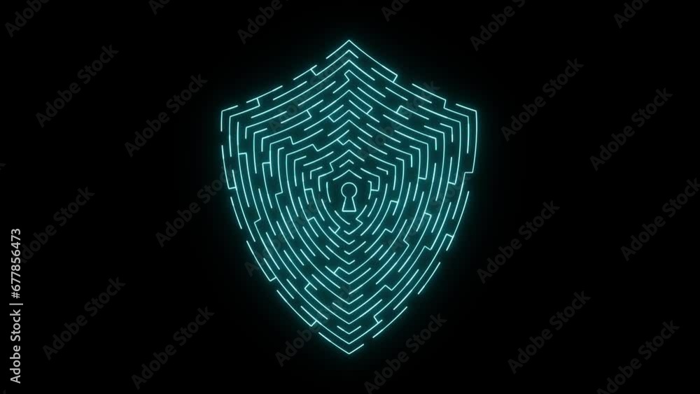 Poster shield cyber security animated icon appearing with lines on black . information data protection and 