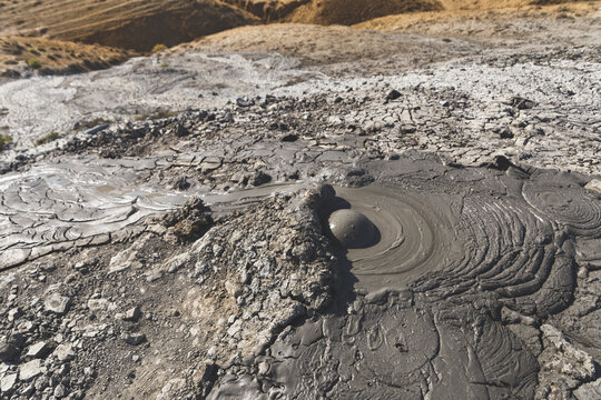 Сrater of mud volcano. Active mud volcano at Gobustan national park Azerbaijan.