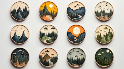 Fotobehang set of round icons with various landscapes © milicenta