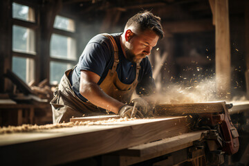 carpenter cutting wood with saw. Professional worker cutting steel, metal at work. Builders in work...