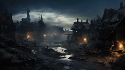 Naklejka premium Gloomy medieval village at dusk with flickering lanterns.