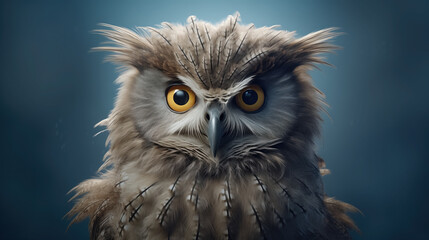 Surprised owl with striking eyes against a blue background.