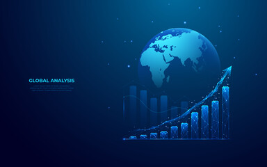 Digital rise graph chart on light blue technology globe background. Stock market or trade diagram in futuristic hologram style. Economy or finance concept. Abstract low poly vector illustration.