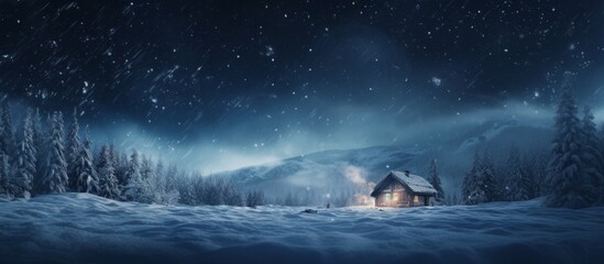 Cosy snowy winter night landscape with lonely house in the mountains and forest - obrazy, fototapety, plakaty