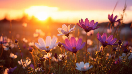 Closeup of flowers in the meadow at sunset.