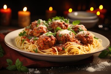 A traditional serving of spaghetti paired with meatballs on a plate - obrazy, fototapety, plakaty