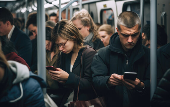 Train cabin during a rush hour full of people where everybody looking down on their highlighted cellphone screens