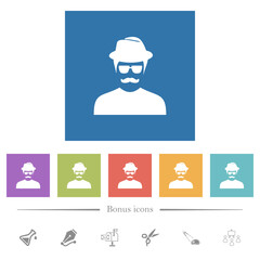 Spy with mustache avatar flat white icons in square backgrounds