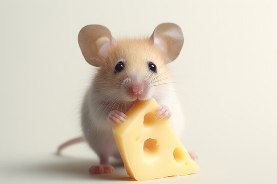 Cute mouse with a cheese piece looking at camera, isolated on white background