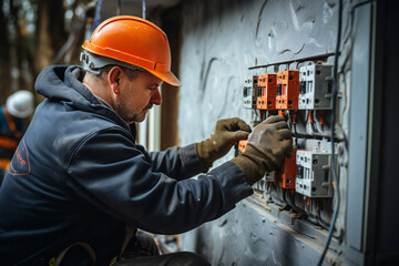electrician working in a power station in a factory. installation of sockets and switches. Professional in overalls with an electrician's tool - obrazy, fototapety, plakaty