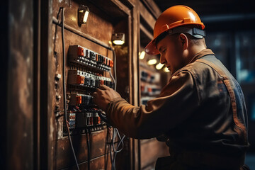 electrician working in a power station in a factory. installation of sockets and switches. Professional in overalls with an electrician's tool