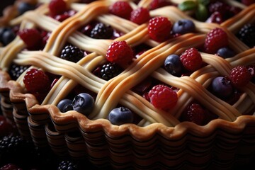 An elaborately woven lattice design adorning a fruit tart