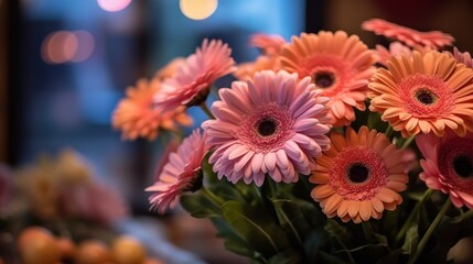 Bouquet of pink gerbera flowers on wooden table in cafe. Springtime Concept. Valentine's Day Concept with a Copy Space. Mother's Day
