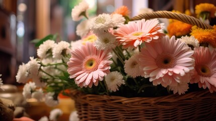 Naklejka na ściany i meble Bouquet of gerbera flowers in a wicker basket. Springtime Concept. Valentine's Day Concept with a Copy Space. Mother's Day