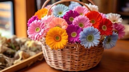 Obraz na płótnie Canvas Colorful gerbera flowers in a basket on wooden background. Springtime Concept. Valentine's Day Concept with a Copy Space. Mother's Day