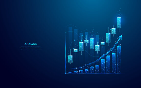 Stock market or trading graph chart on technology blue background. Forex Japanese candlesticks as holograms. Finance and trade concept. Exchange metaphor. Low poly abstract vector illustration.