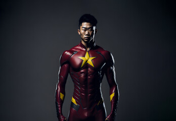 Fototapeta na wymiar Male chinese superhero. Asiatic guy in super hero suit