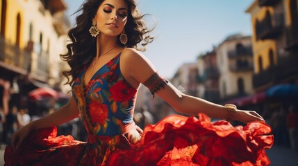Elegant Flamenco Dancer in Traditional Attire Performing in Old Town Square. Generative ai - obrazy, fototapety, plakaty