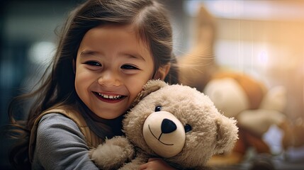 a happy little girl finding comfort in hugging her teddy bear while in a family lawyer's office, the emotional support and care provided during the registration of guardianship.