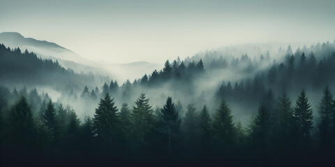 Mystic foggy dark green pine tree forest, landscape background 