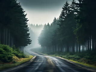 Obraz premium Foggy dark green pine tree forest with a road, landscape background 