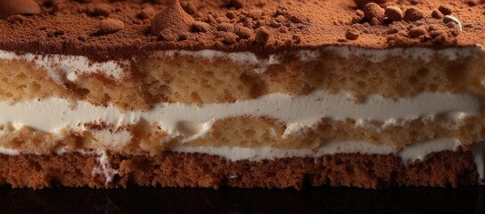 A close examination of the tiramisu dessert, emphasizing its delicate and intricately composed layers
