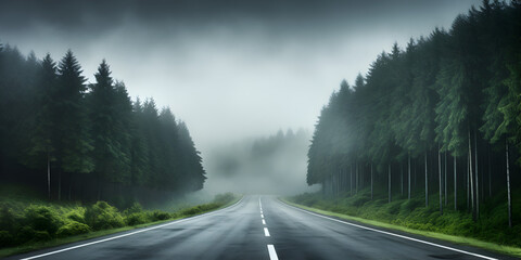 Foggy dark green pine tree forest, landscape illustration background 