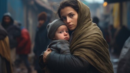 Young Homeless Mother with Child on Street: Life in a Refugee Camp. Generative ai