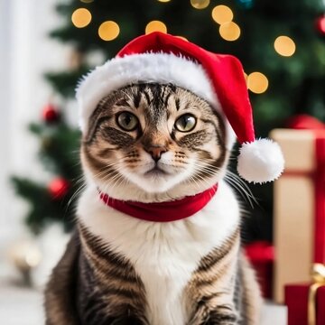 cat with christmas hat - cute cat mother celebrating christmas