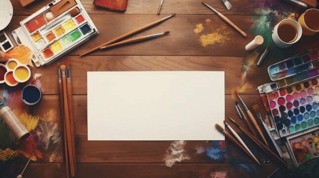  Wooden Background with Brushes, Colors, and Paper, Inviting Creativity to Unfold in the World of Painting