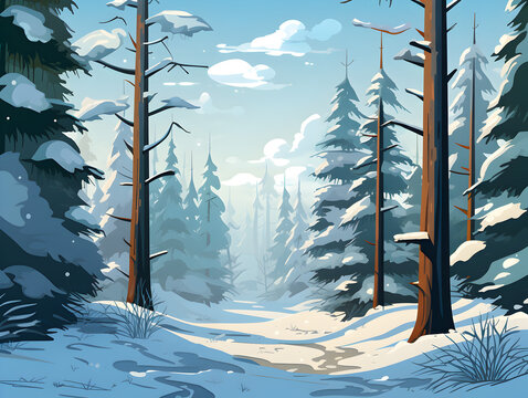 Illustration a pine tree forest in winter with snow, abstract landscape background 