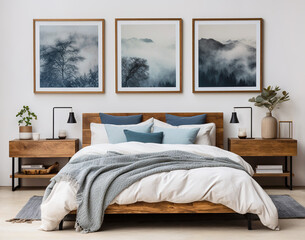 Rustic wooden bed with blue pillows and two bedside cabinets against white wall with three posters frames. Farmhouse interior design of modern bedroom. - obrazy, fototapety, plakaty