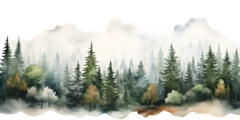 Poster Im Rahmen Watercolor illustration of pine tree forest with fog, abstract background © TatjanaMeininger