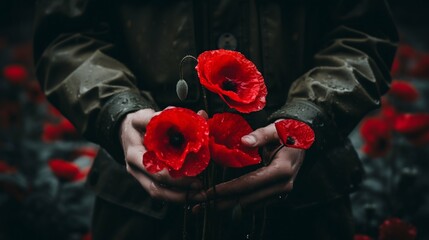 Soldier's Hands Holding a Red Poppy for Remembrance Day. Generative ai