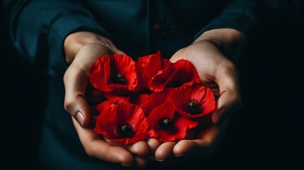 Fototapeta na wymiar Soldier's Hands Holding a Red Poppy for Remembrance Day. Generative ai