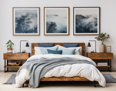Rustic wooden bed with blue pillows and two bedside cabinets against white wall with three posters frames. Farmhouse interior design of modern bedroom.